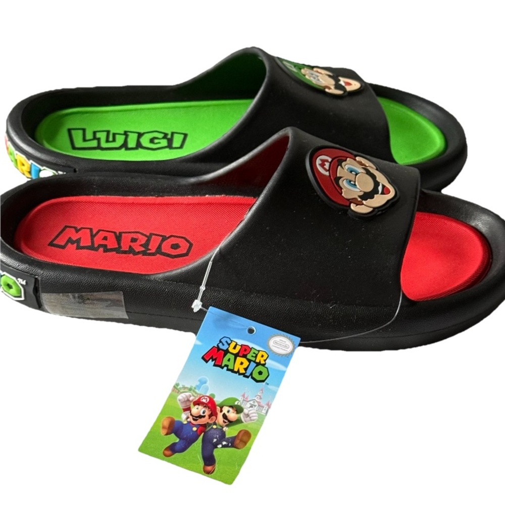 Nintendo Super Mario Kids Slide Sandals - Black, Red, Green Big Boys Size 5‎ New